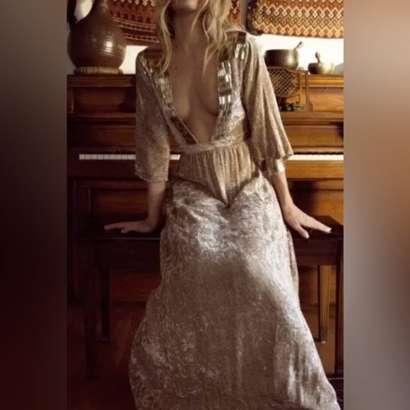 RAGA Crushed Velvet Maxi Dress Size L Champagne Gold Bohemian Gypsy Embellished - Picture 2 of 7